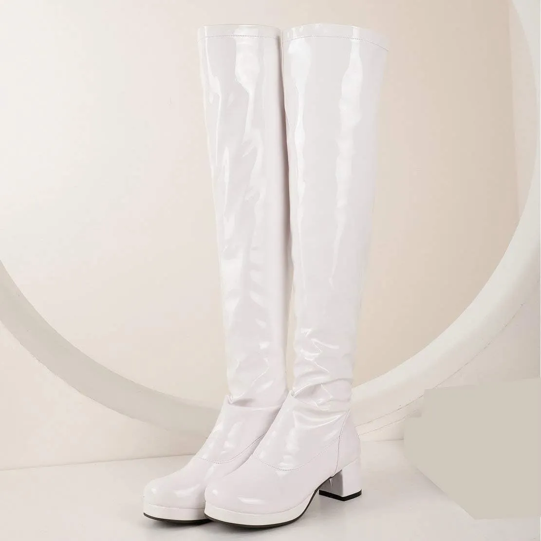 Caradise Womens GOGO Patent Thigh High Platform Chunky Heeled Over The Knee Full Zip Boots
