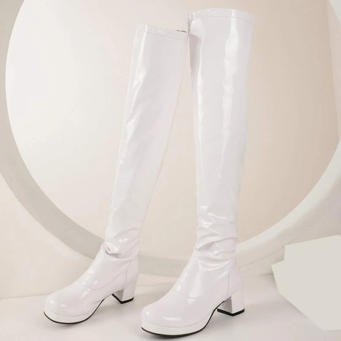 Caradise Womens GOGO Patent Thigh High Platform Chunky Heeled Over The Knee Full Zip Boots