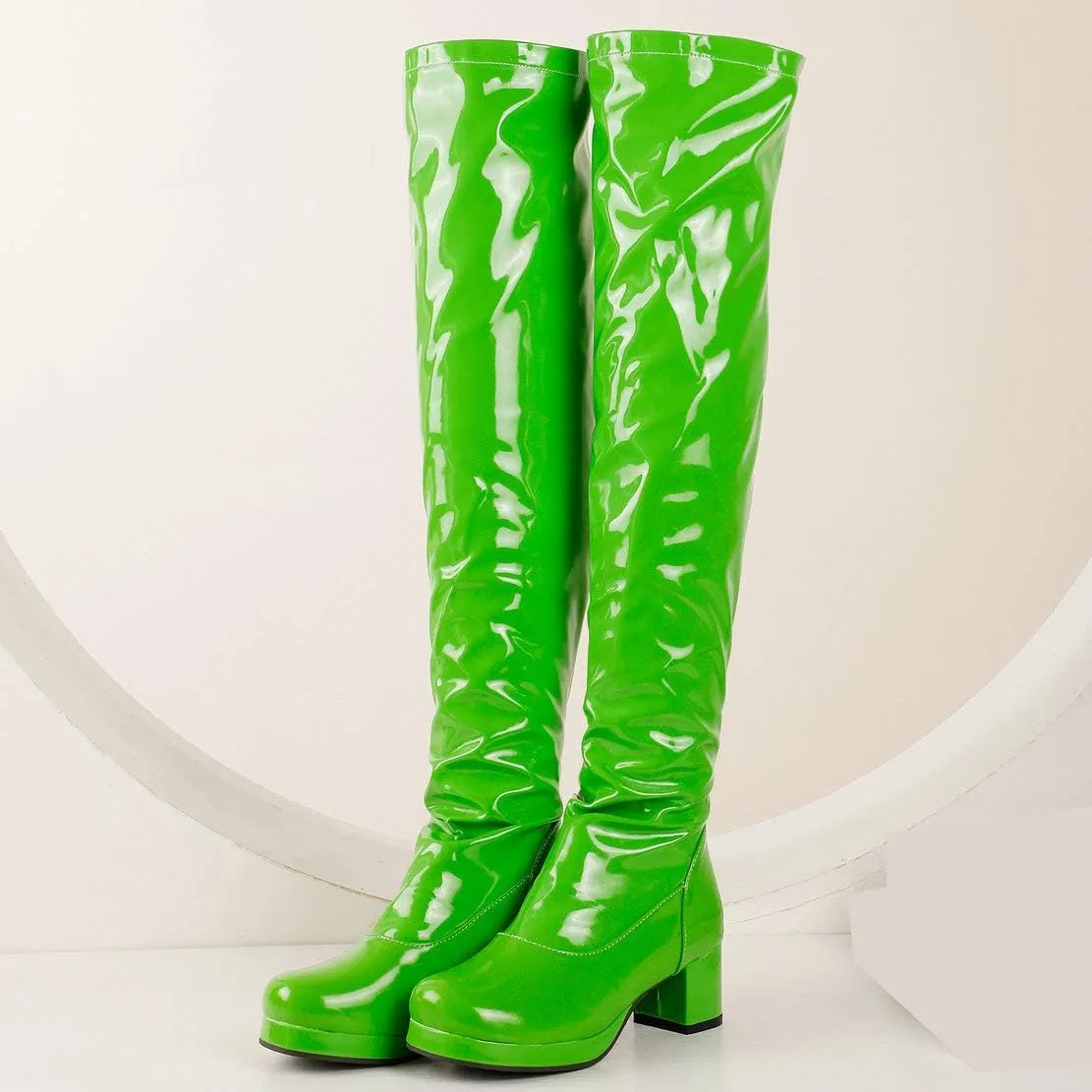 Caradise Womens GOGO Patent Thigh High Platform Chunky Heeled Over The Knee Full Zip Boots