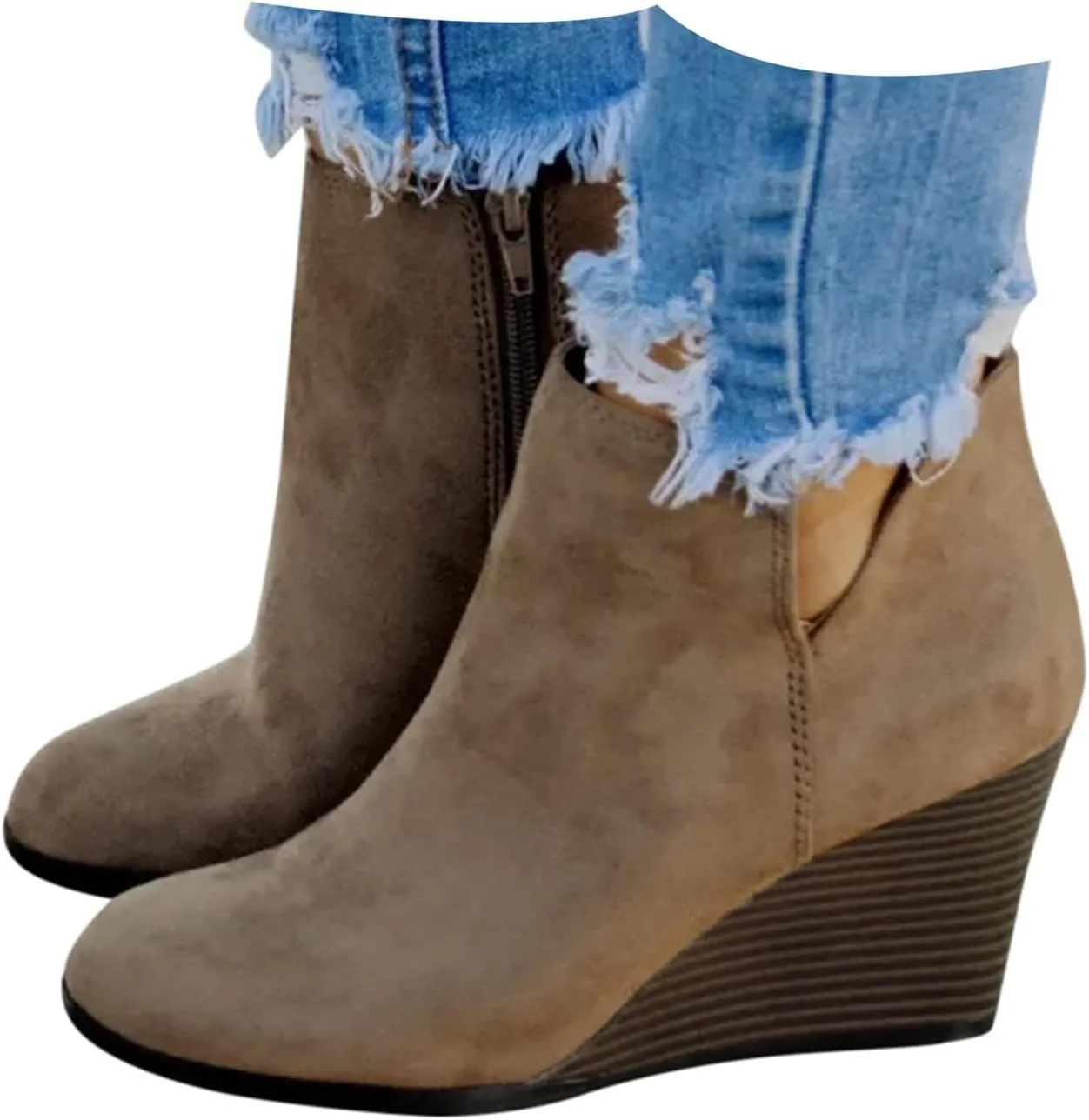 Cathalem Ankle Booties for Women Retro Cutout Comfy Short Boots V Cut Wedges Ankle Boots Stacked Chunky Block Heels Shoes