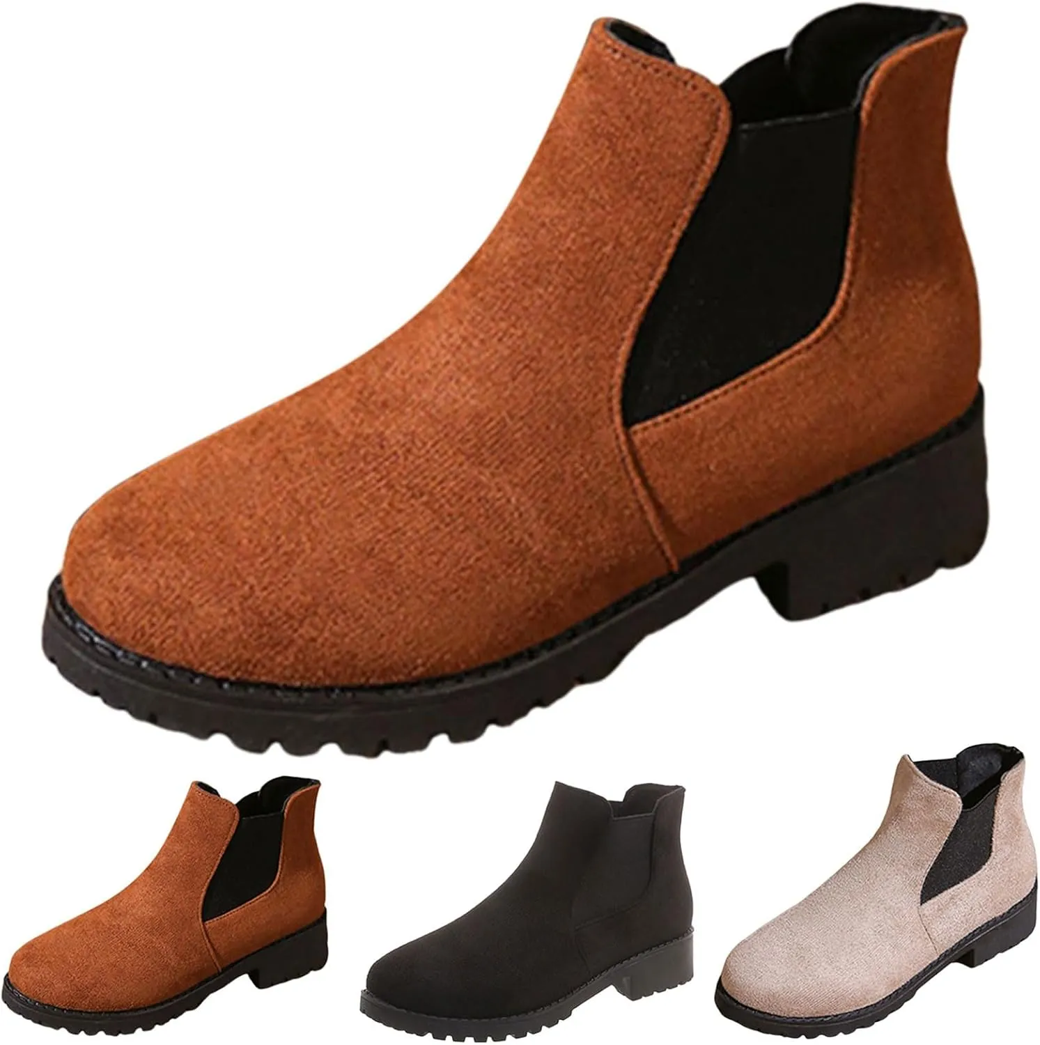 Cathalem Ankle Booties for Women V Cut,Chelsea Boots Slip on Ankle Boots Chunky Pointed Toe Cutout Low Heel Shoes