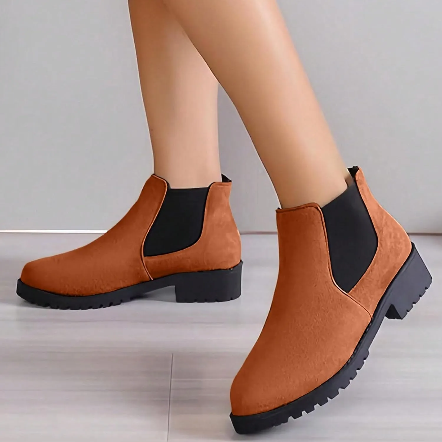 Cathalem Ankle Booties for Women V Cut,Chelsea Boots Slip on Ankle Boots Chunky Pointed Toe Cutout Low Heel Shoes