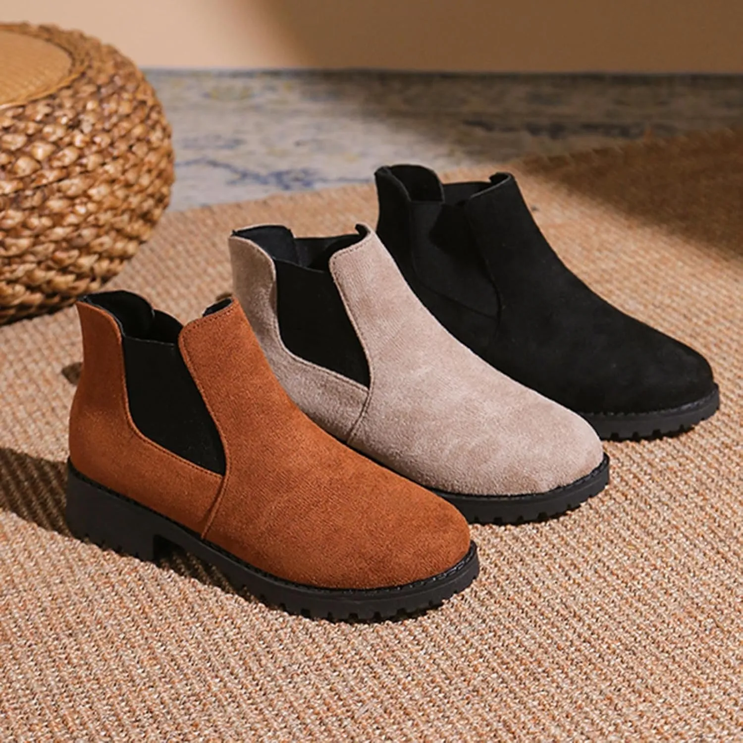 Cathalem Ankle Booties for Women V Cut,Chelsea Boots Slip on Ankle Boots Chunky Pointed Toe Cutout Low Heel Shoes