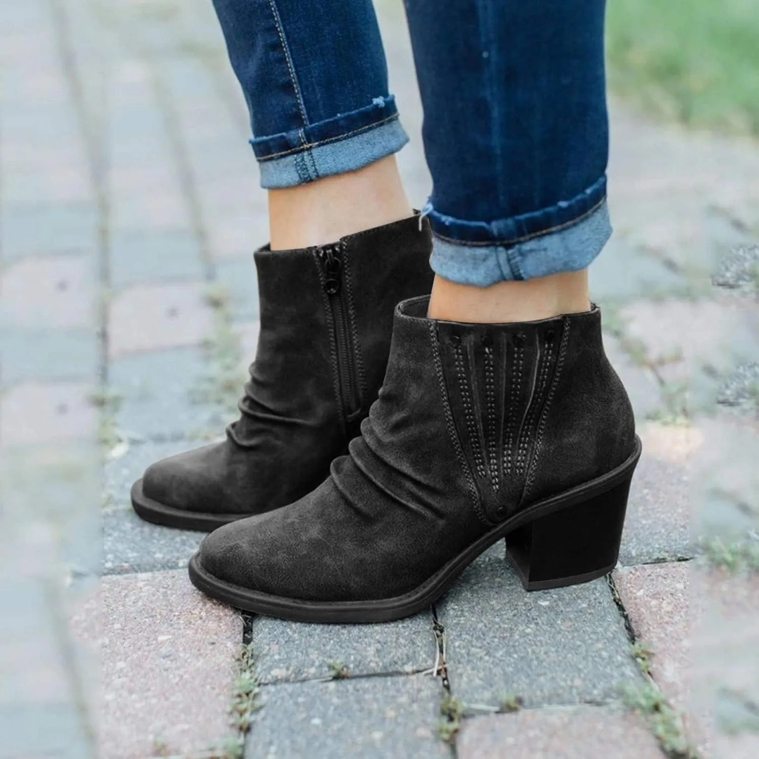 Cathalem Ankle Boots for Women V Cutout Ankle Boots Pointed Toe Chunky Stacked Heel Booties Zip Up Western Boots Shoes