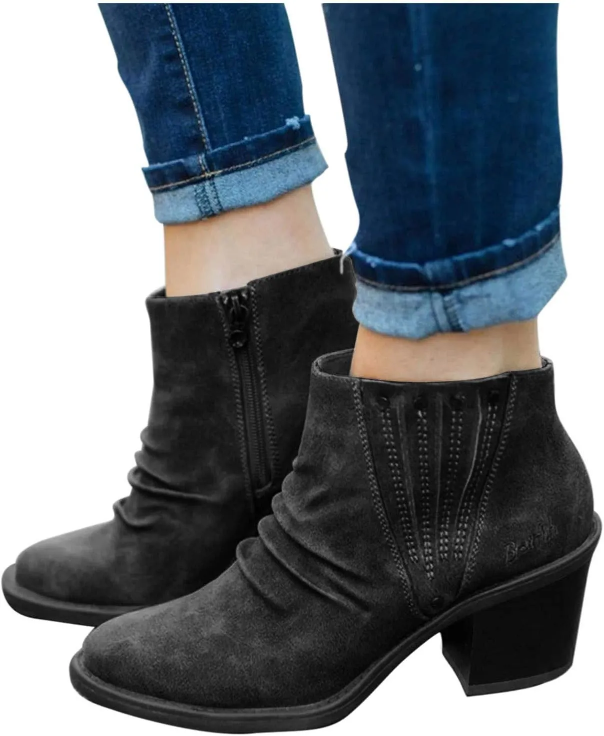 Cathalem Ankle Boots for Women V Cutout Ankle Boots Pointed Toe Chunky Stacked Heel Booties Zip Up Western Boots Shoes