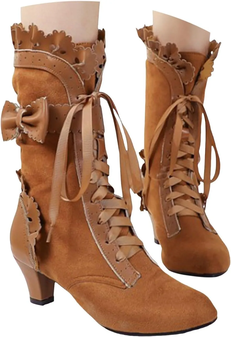 Cathalem Victorian Boots for Women Vintage Bow Ruffles Goth Boots Lace Up 70S Retro Boots Halloween Witch Mid Calf Boots