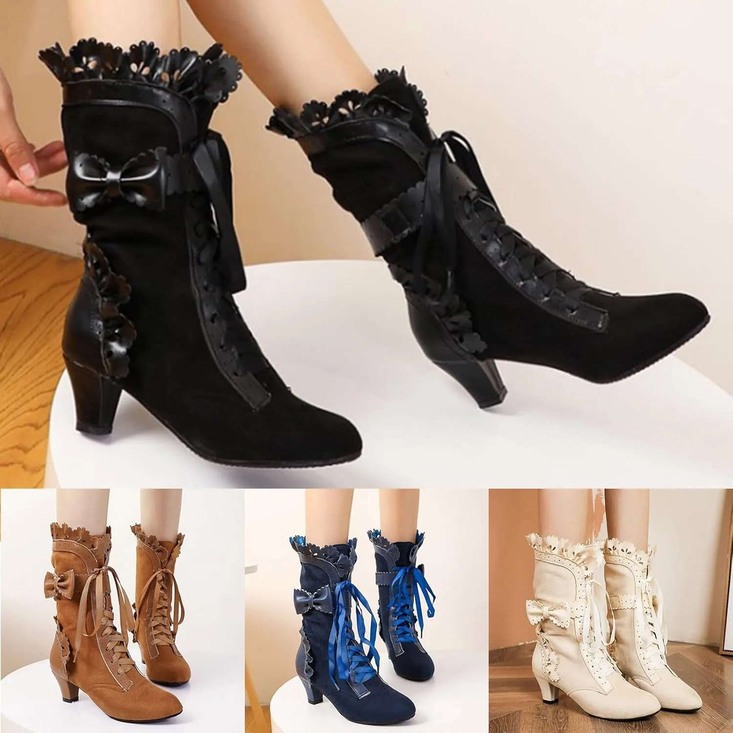 Cathalem Victorian Boots for Women Vintage Bow Ruffles Goth Boots Lace Up 70S Retro Boots Halloween Witch Mid Calf Boots