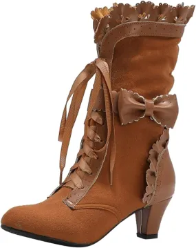 Cathalem Victorian Boots for Women Vintage Bow Ruffles Goth Boots Lace Up 70S Retro Boots Halloween Witch Mid Calf Boots