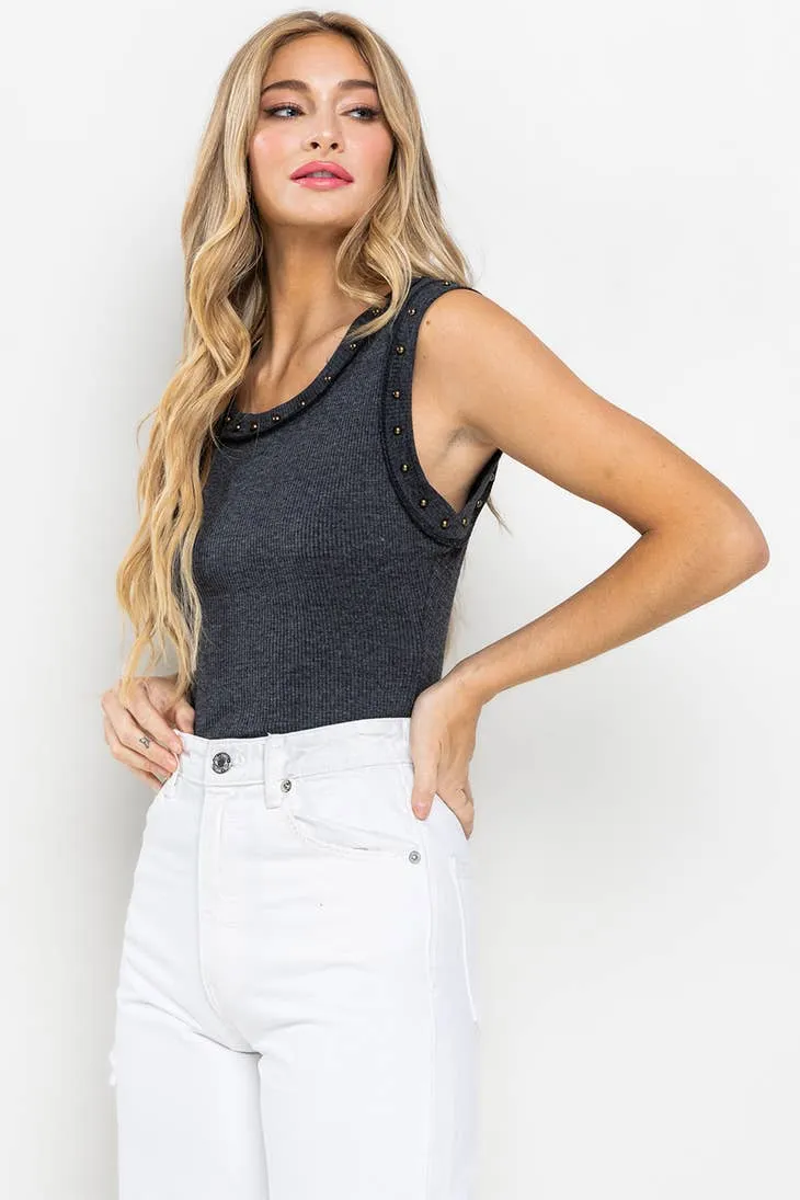 CHARCOAL RIB SLEEVELESS TOP WITH STUDS