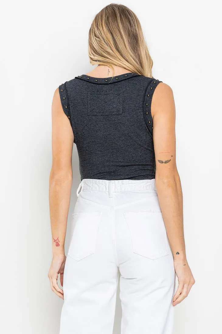 CHARCOAL RIB SLEEVELESS TOP WITH STUDS