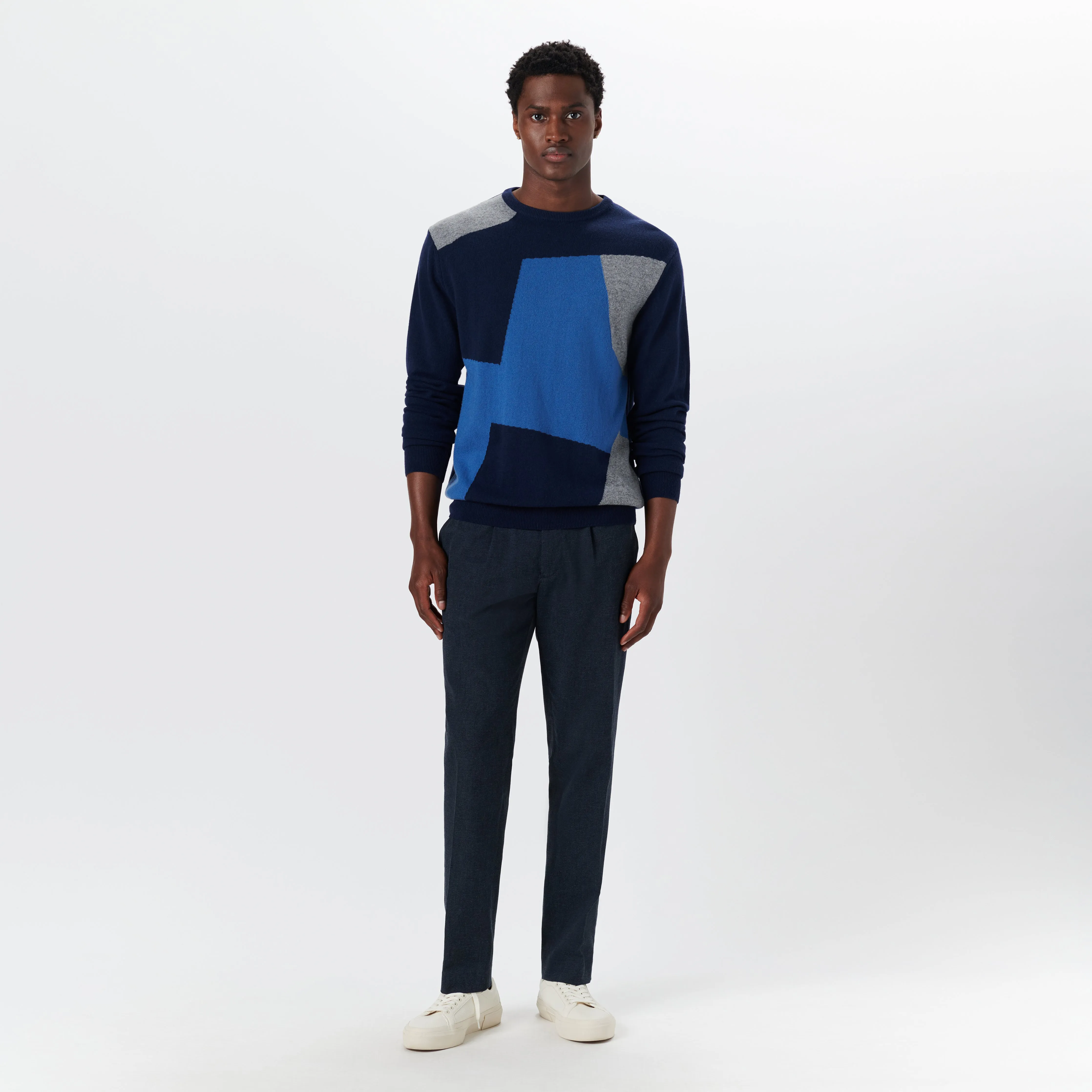 Crew Neck Patchwork Intarsia Sweater