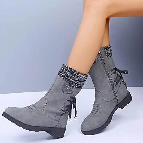 Ctreela Women's Fashion Slouchy Snow Booties Slip-On Mid Calf Chunky Heel Winter Boots Comfortable Combat Boot with Side Zip