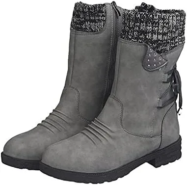 Ctreela Women's Fashion Slouchy Snow Booties Slip-On Mid Calf Chunky Heel Winter Boots Comfortable Combat Boot with Side Zip