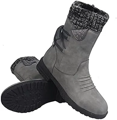 Ctreela Women's Fashion Slouchy Snow Booties Slip-On Mid Calf Chunky Heel Winter Boots Comfortable Combat Boot with Side Zip