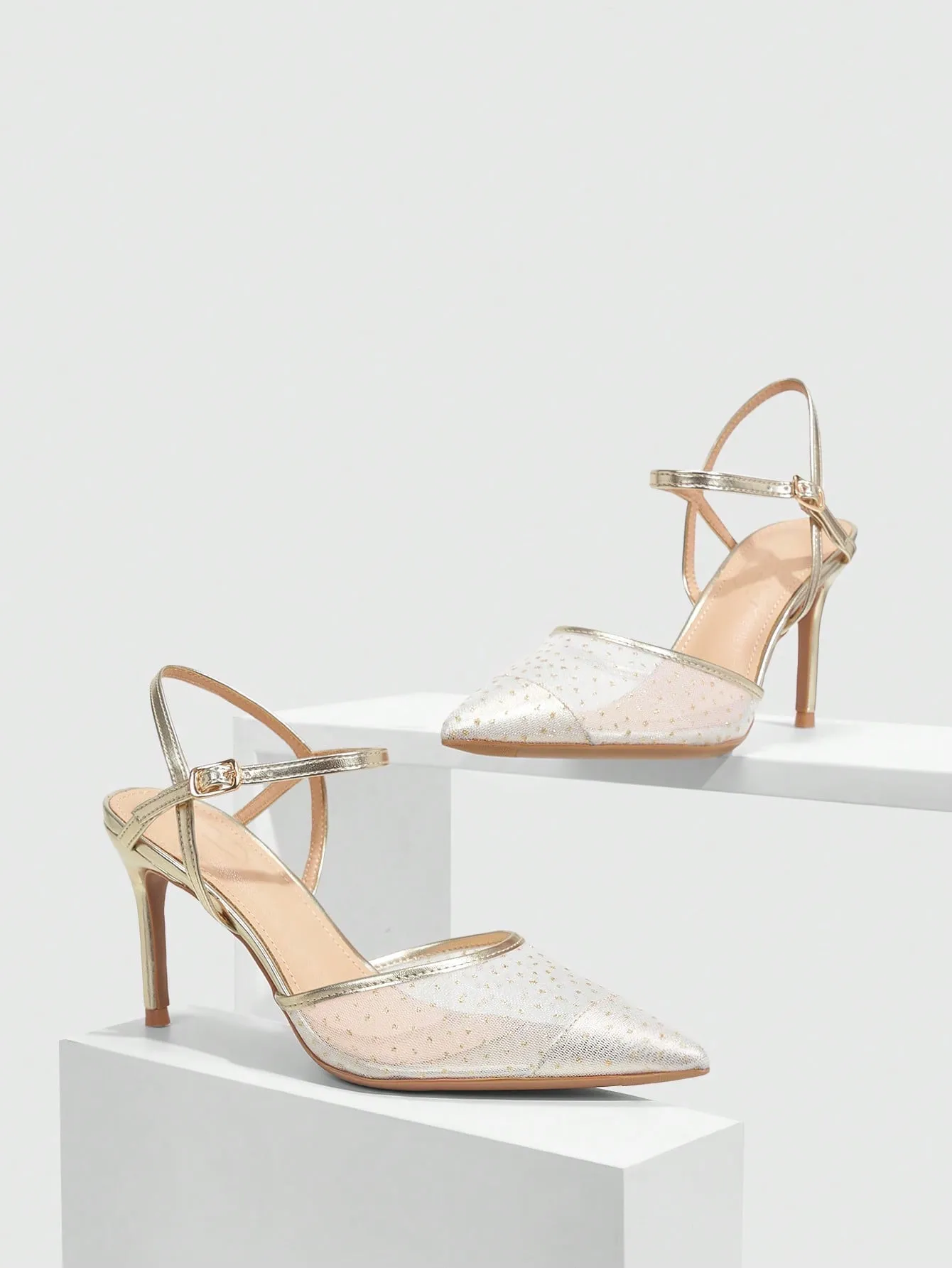 CUCCOO CHICEST Women's Fashionable Gold Mesh Pointed Toe High Heels, Shoes For Wedding, Dating And Parties