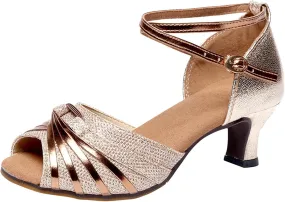 Dress Sandals Shoes for Women Leather Open Toe High Heels Ladies Gold Silver Glittering with Ankle Strap