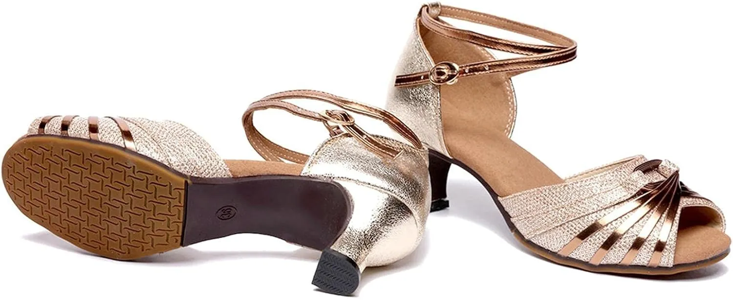 Dress Sandals Shoes for Women Leather Open Toe High Heels Ladies Gold Silver Glittering with Ankle Strap