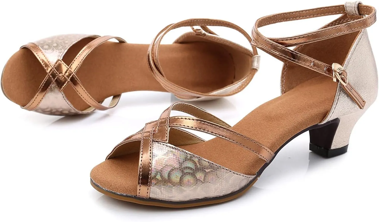 Dress Sandals Shoes for Women Leather Open Toe High Heels Ladies Gold Silver Glittering with Ankle Strap