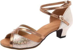 Dress Sandals Shoes for Women Leather Open Toe High Heels Ladies Gold Silver Glittering with Ankle Strap