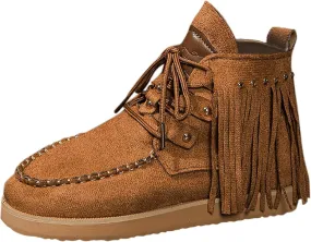 Fringe Cowboy Boots For Women Low Heel Suede Ankle Booties Round Toe Western Boots Outdoor Flat Shoes