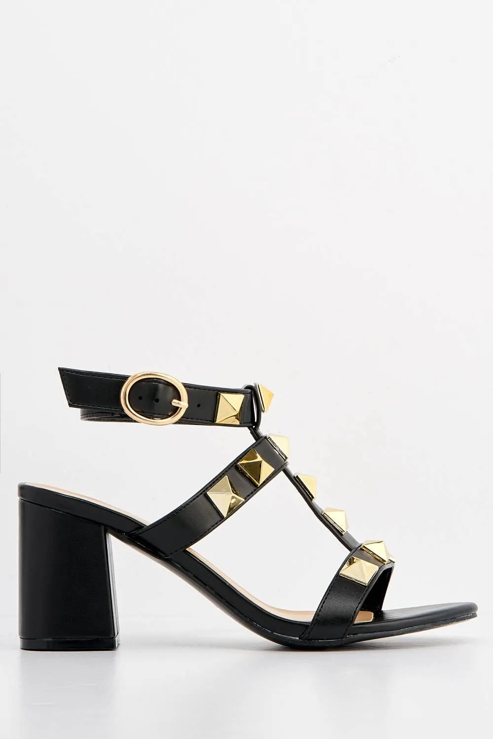 Galia Studded Block Heel Anklestrap Sandal in Black