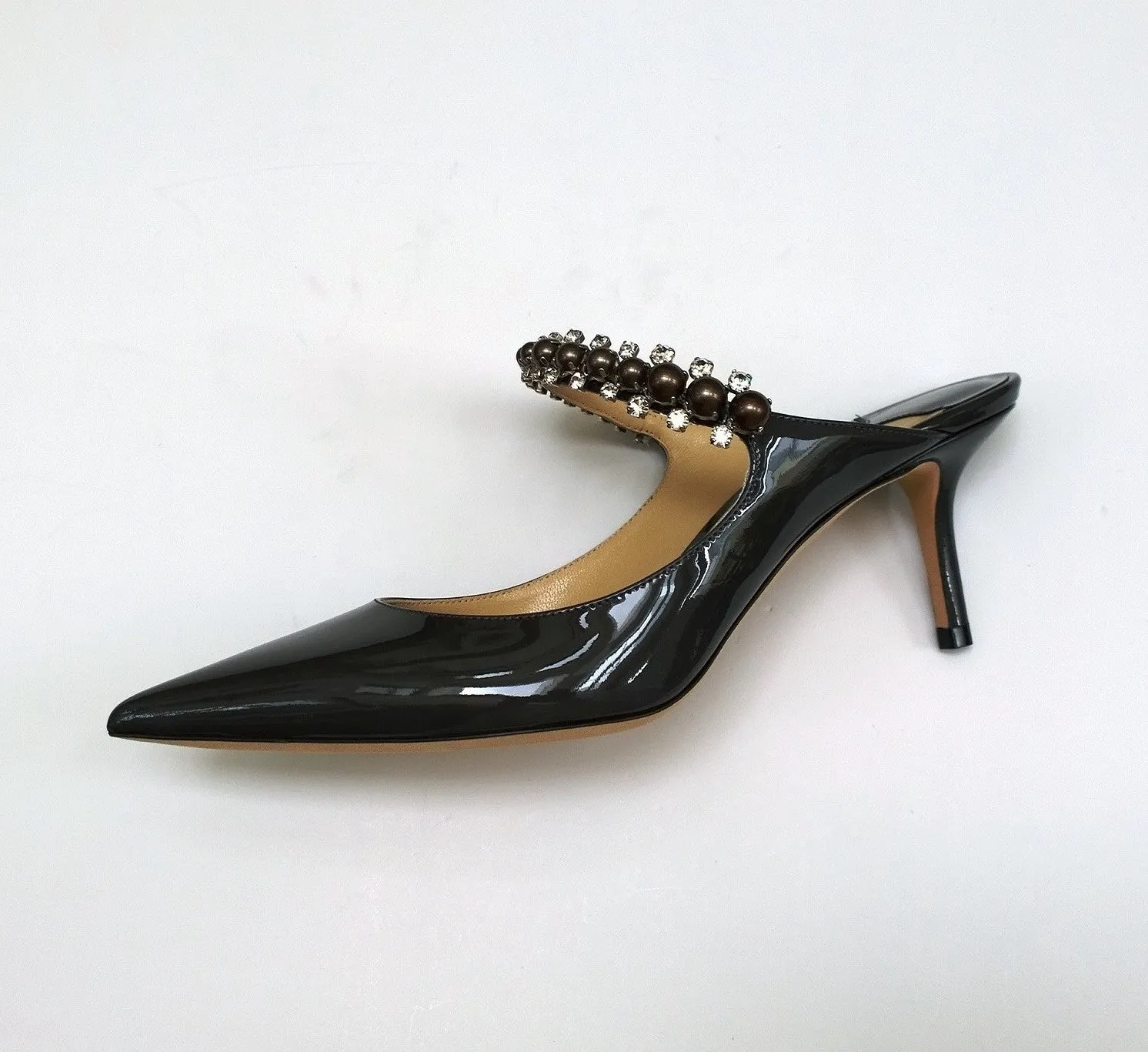 Jimmy Choo Bing 65 Heels in Grey Patent with Pearl and Rhinestone Band
