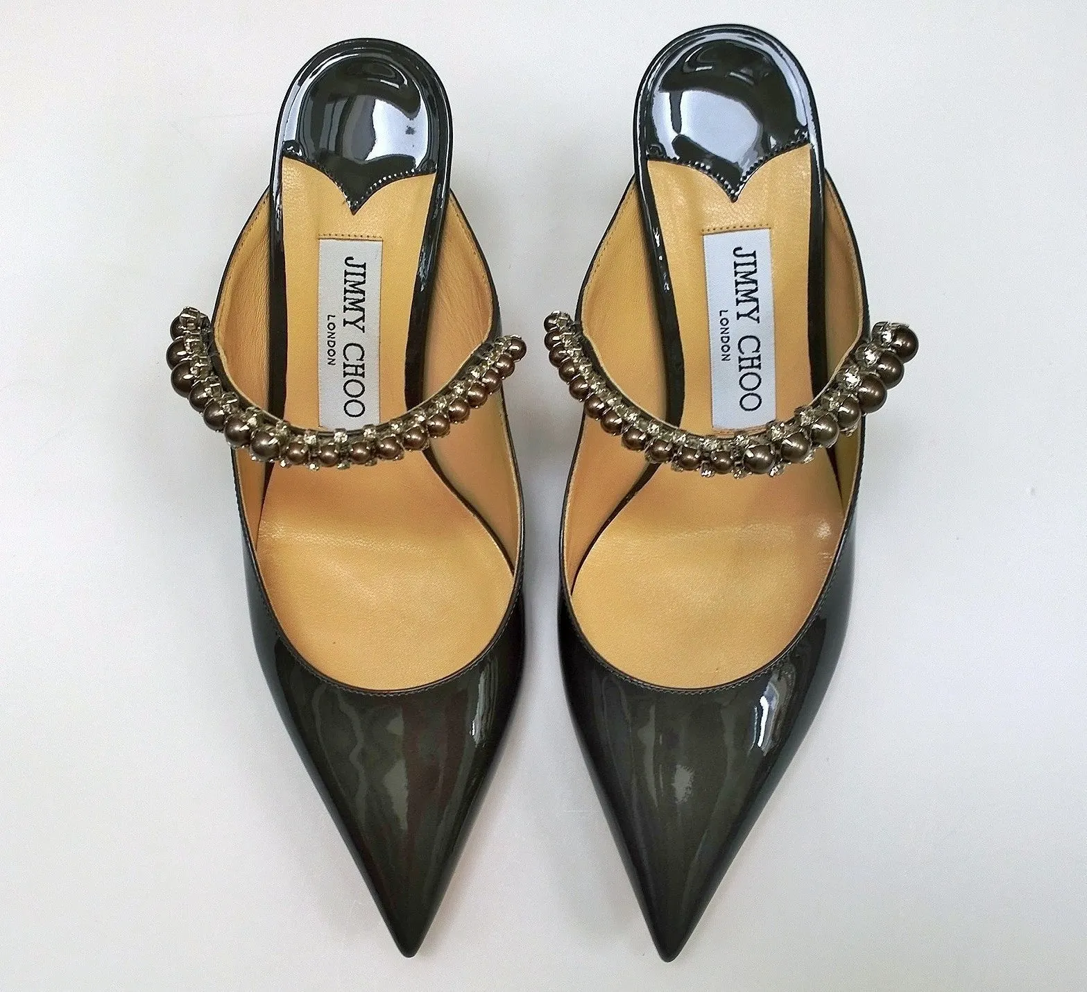 Jimmy Choo Bing 65 Heels in Grey Patent with Pearl and Rhinestone Band