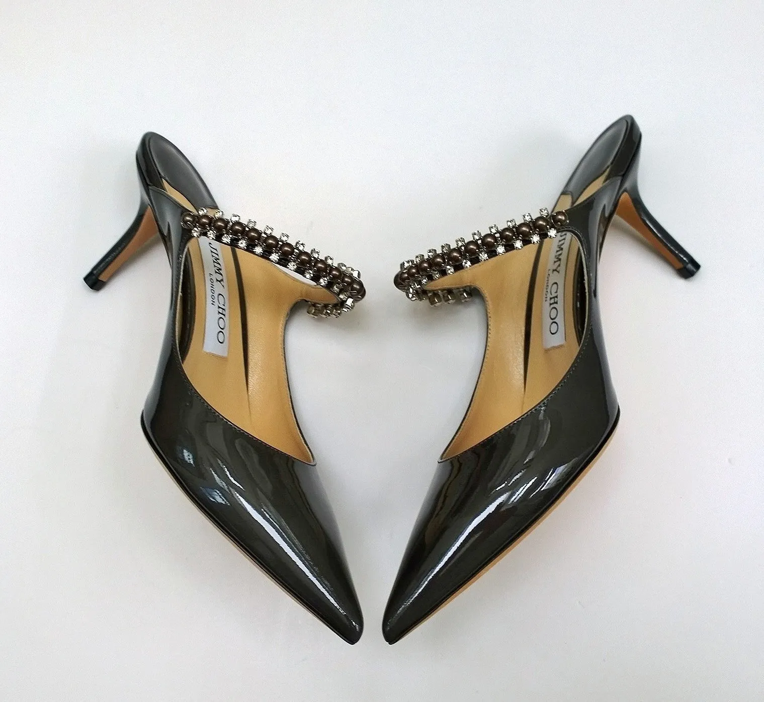 Jimmy Choo Bing 65 Heels in Grey Patent with Pearl and Rhinestone Band