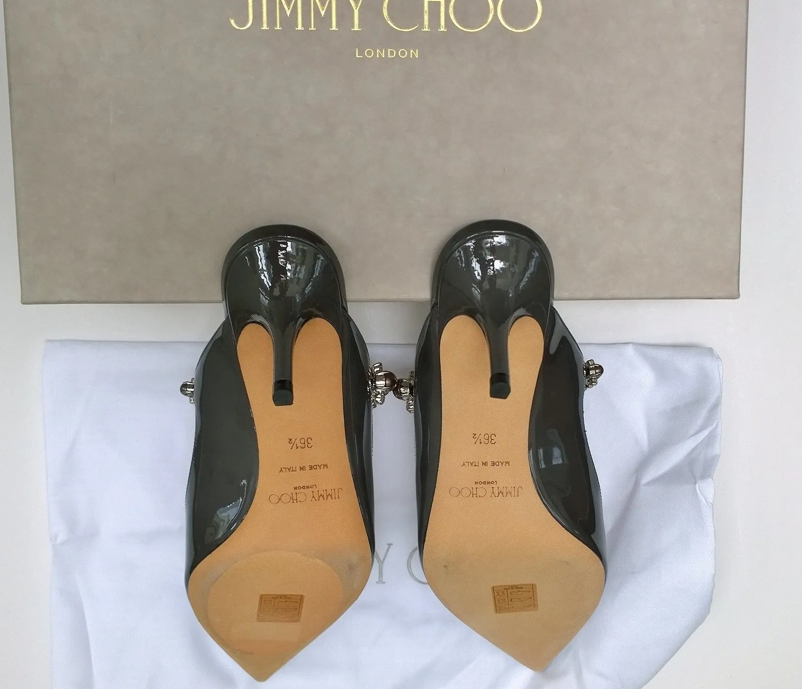 Jimmy Choo Bing 65 Heels in Grey Patent with Pearl and Rhinestone Band
