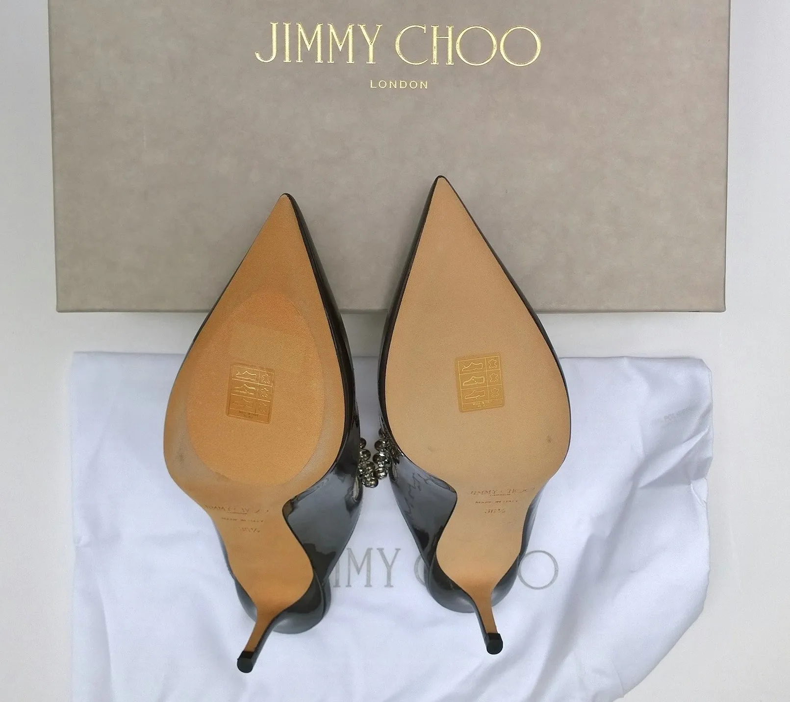 Jimmy Choo Bing 65 Heels in Grey Patent with Pearl and Rhinestone Band