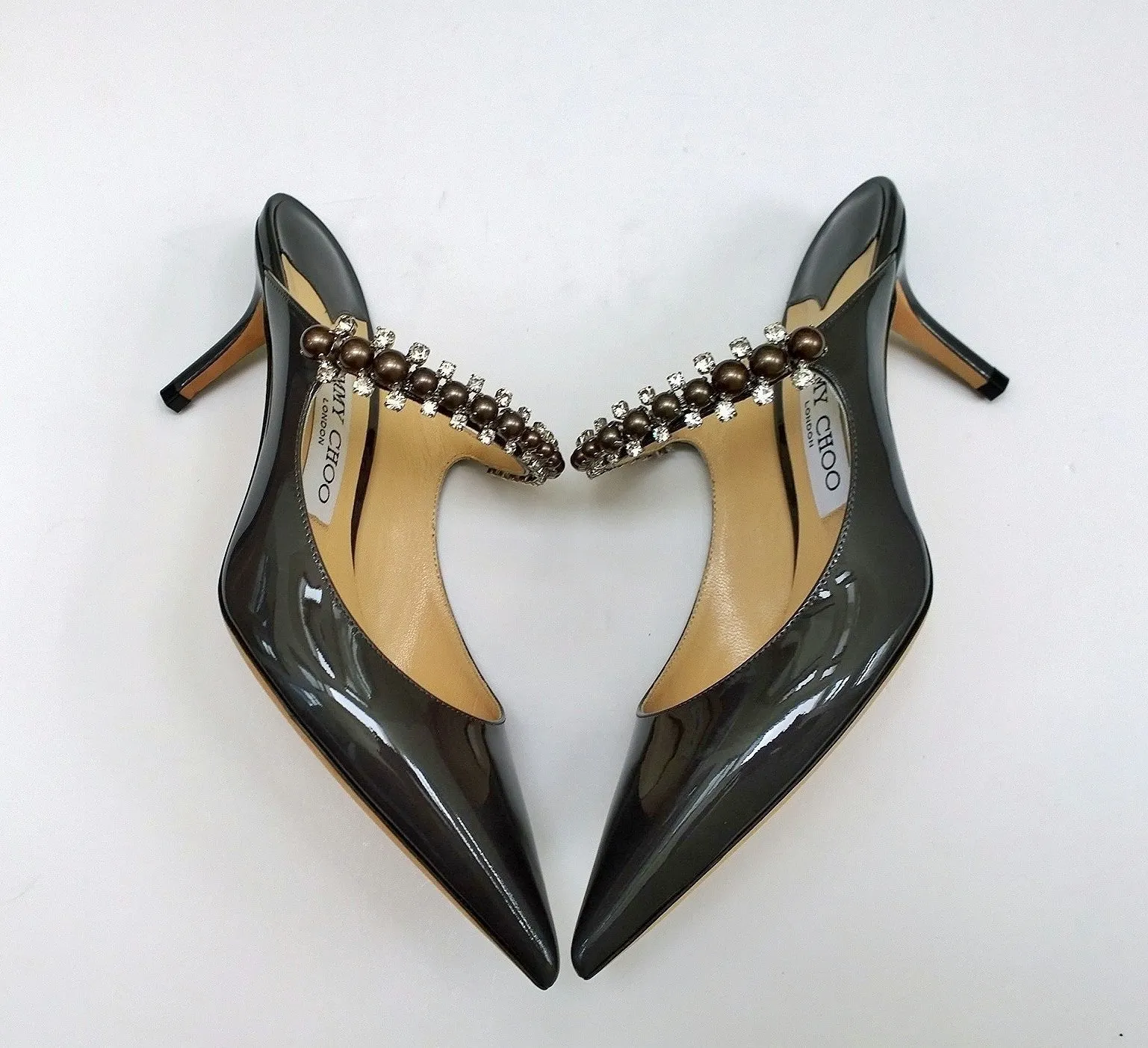 Jimmy Choo Bing 65 Heels in Grey Patent with Pearl and Rhinestone Band