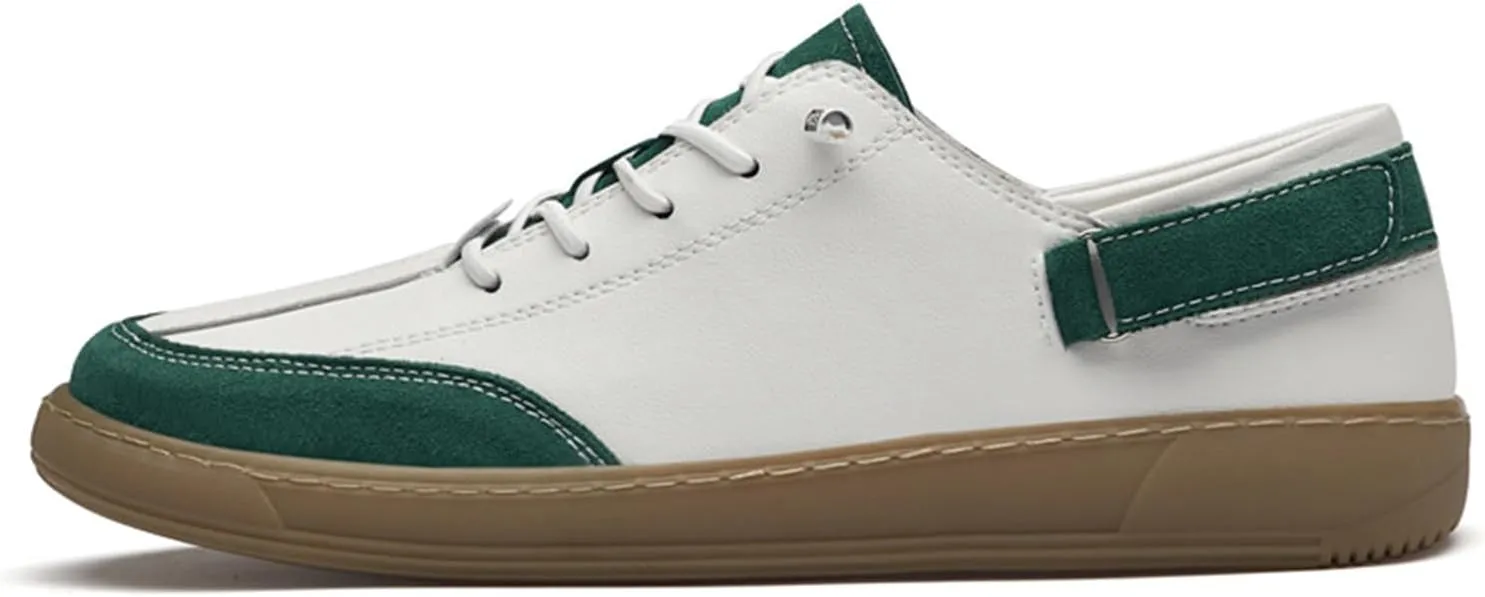 Men's Leather Elastic Lacing Low Top Dress Sneakers Fashionable Color Blocking Flat Hook Loop Casual Walking Skateboard Shoes for Driving Office Work