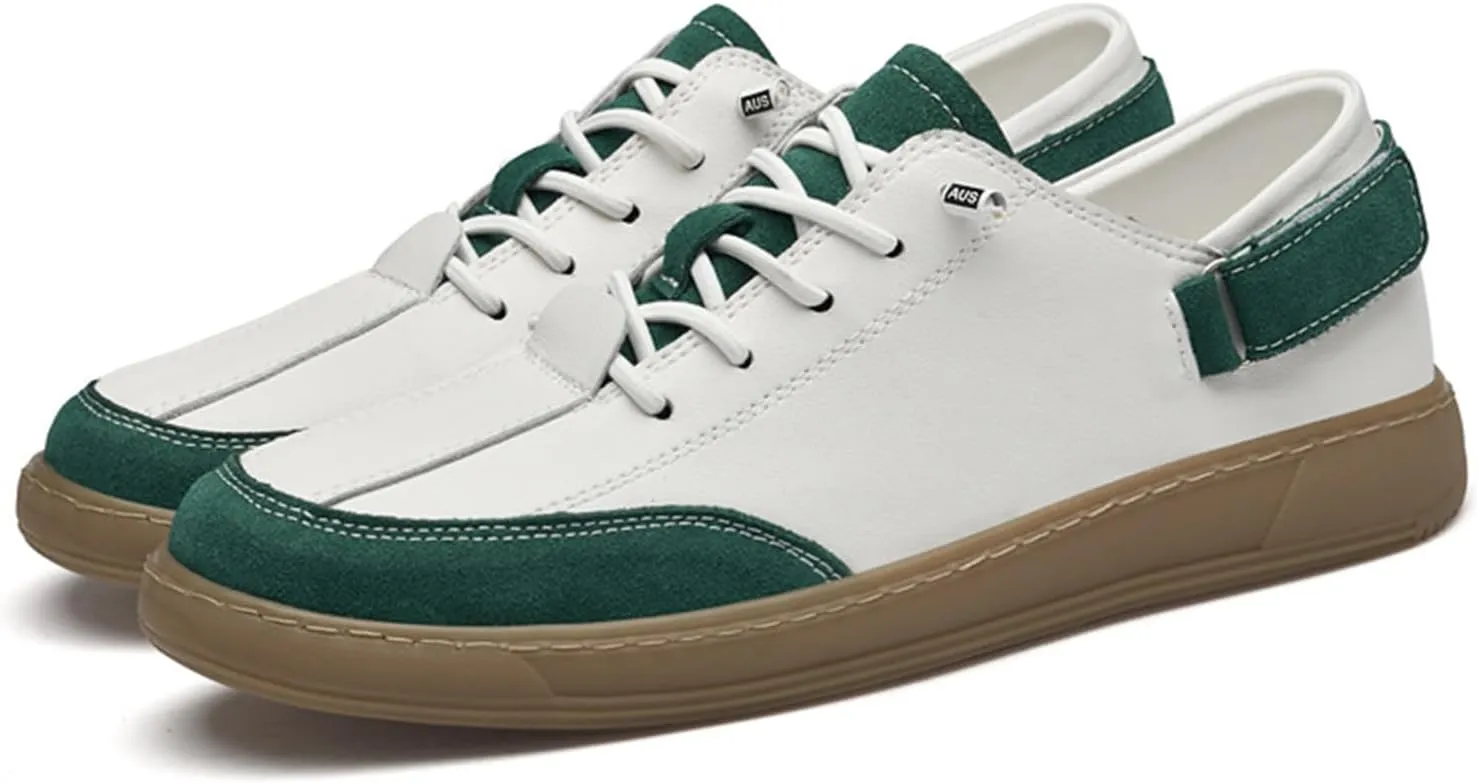 Men's Leather Elastic Lacing Low Top Dress Sneakers Fashionable Color Blocking Flat Hook Loop Casual Walking Skateboard Shoes for Driving Office Work