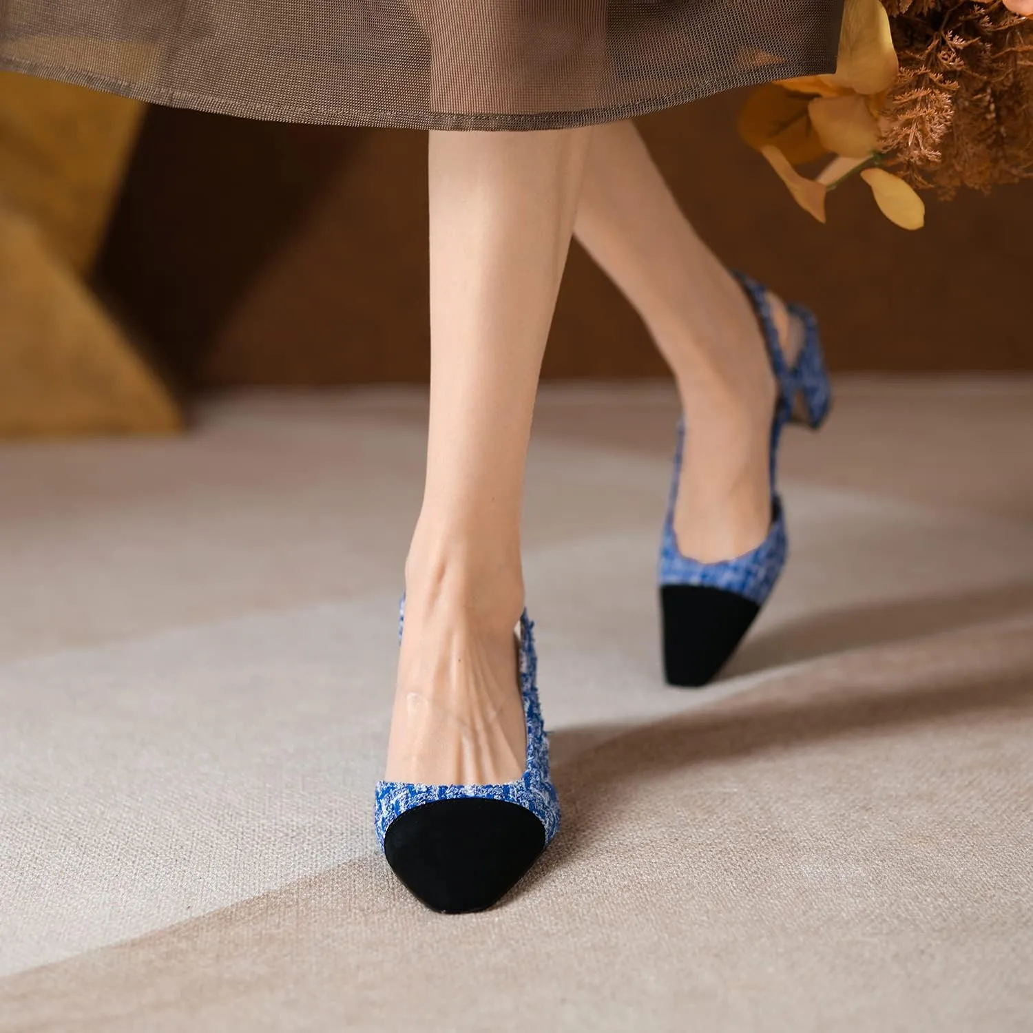 MICIFA Slingback Heels for WomenRound Toe Chunky Heeled Pumps Ankle Strap Fashion Splicing Dress Shoes