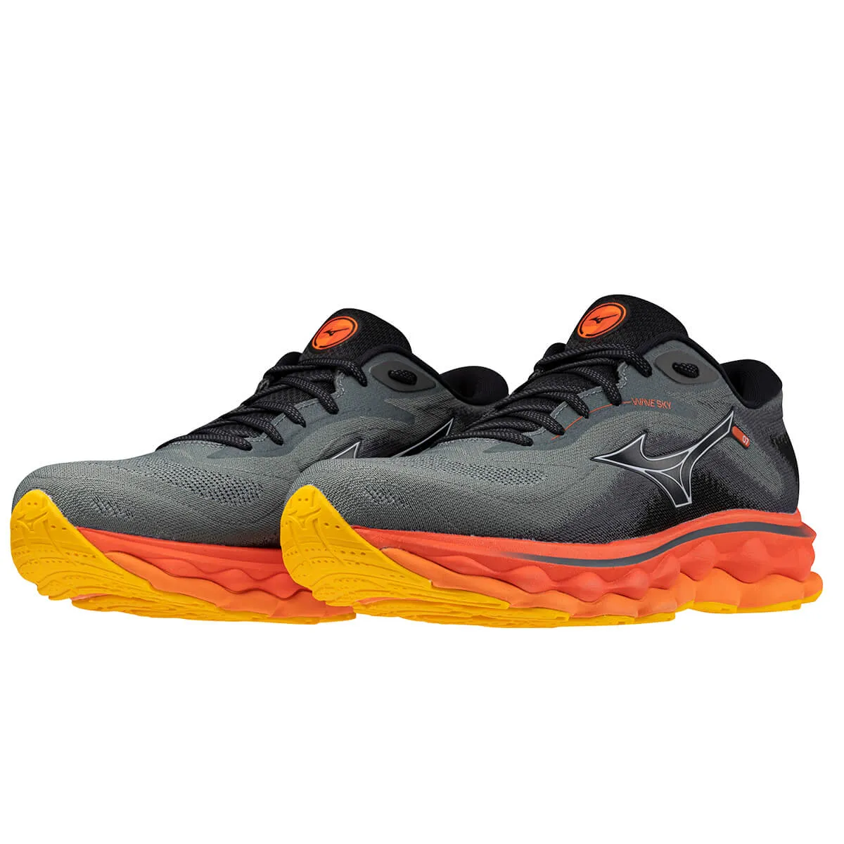 Sure, a more grammatically correct and informative title for this product would be: Mens Mizuno Wave Sky 7 in Turbulence, Nickel, and Hot Coral Colors.