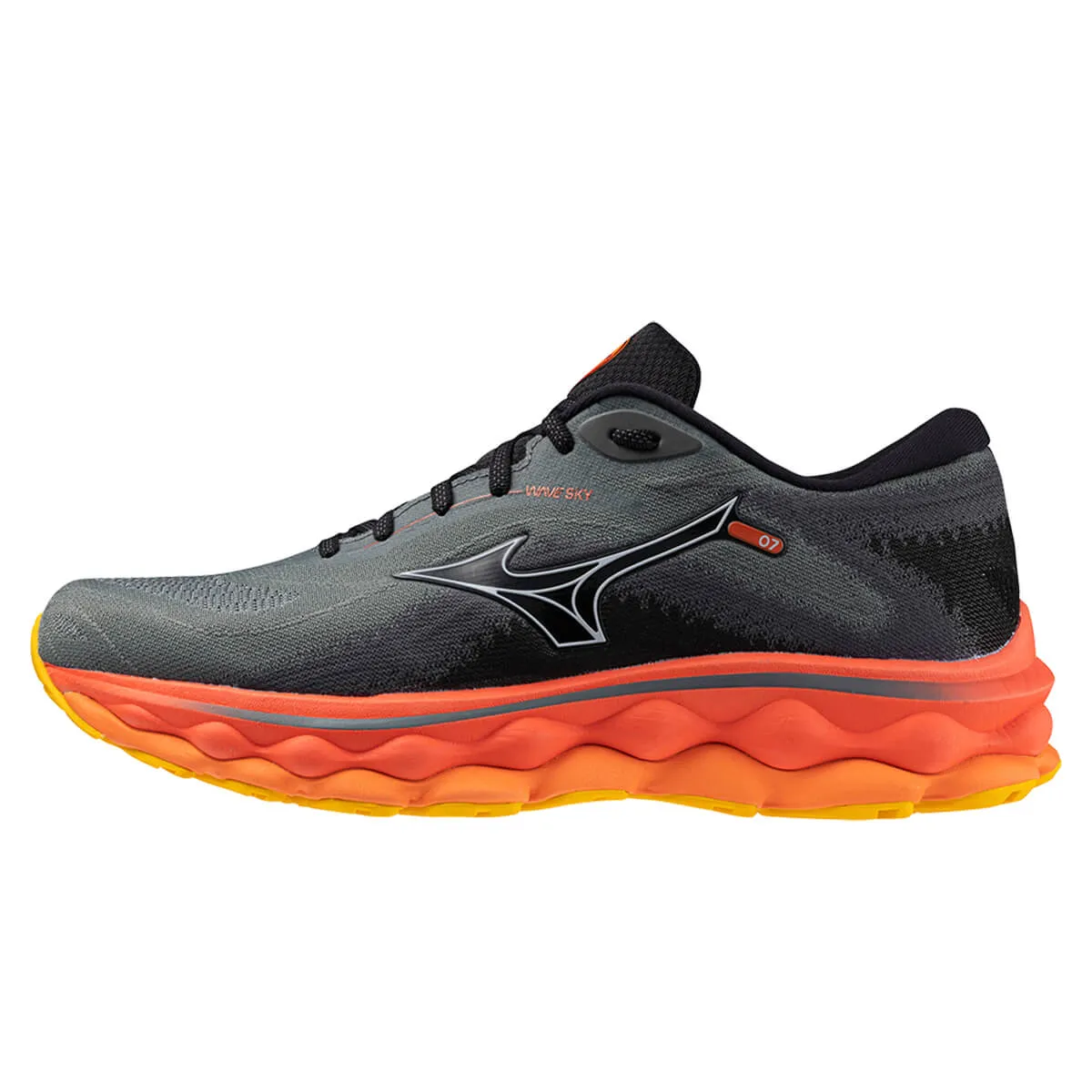 Sure, a more grammatically correct and informative title for this product would be: Mens Mizuno Wave Sky 7 in Turbulence, Nickel, and Hot Coral Colors.