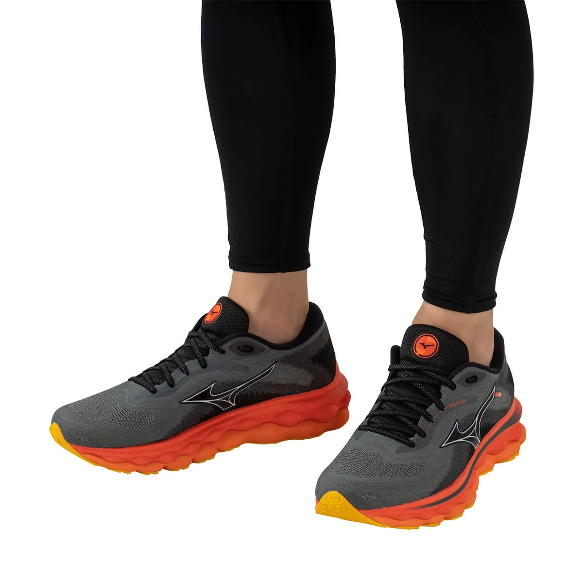Sure, a more grammatically correct and informative title for this product would be: Mens Mizuno Wave Sky 7 in Turbulence, Nickel, and Hot Coral Colors.