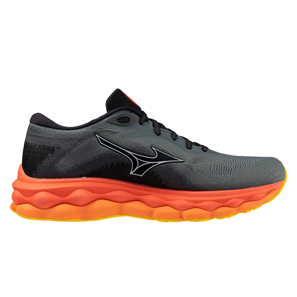 Sure, a more grammatically correct and informative title for this product would be: Mens Mizuno Wave Sky 7 in Turbulence, Nickel, and Hot Coral Colors.