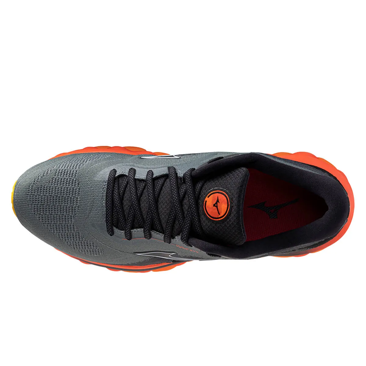Sure, a more grammatically correct and informative title for this product would be: Mens Mizuno Wave Sky 7 in Turbulence, Nickel, and Hot Coral Colors.