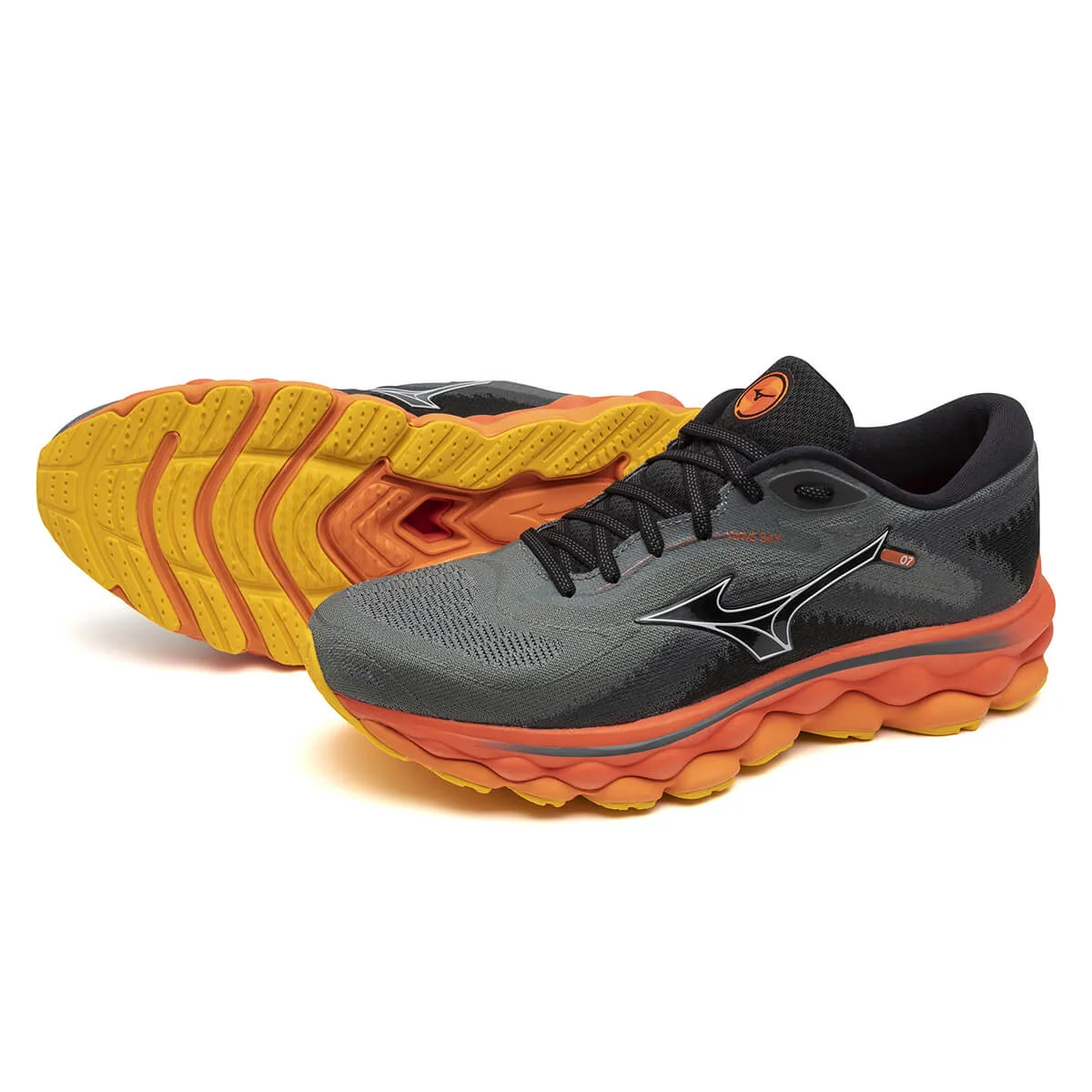 Sure, a more grammatically correct and informative title for this product would be: Mens Mizuno Wave Sky 7 in Turbulence, Nickel, and Hot Coral Colors.