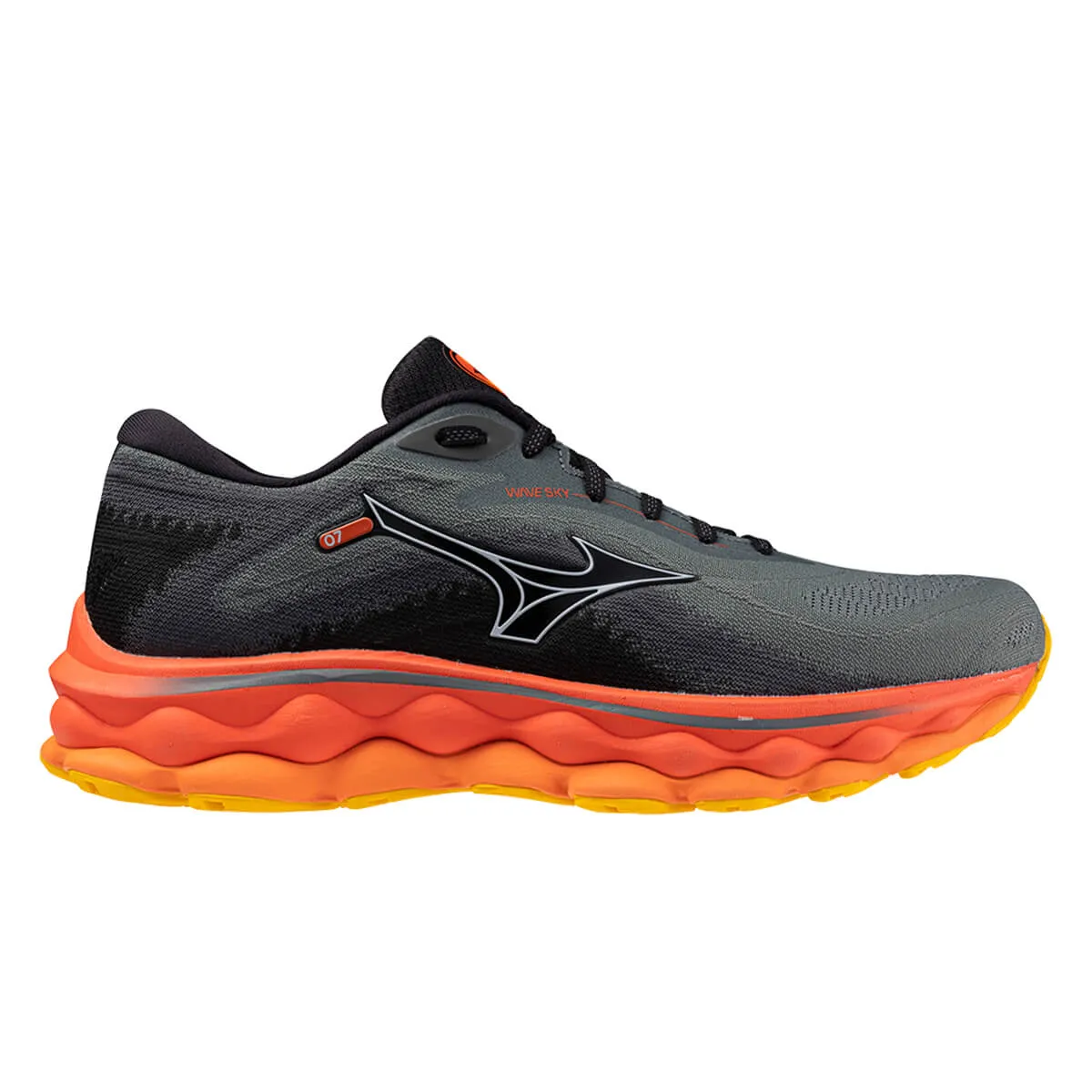 Sure, a more grammatically correct and informative title for this product would be: Mens Mizuno Wave Sky 7 in Turbulence, Nickel, and Hot Coral Colors.