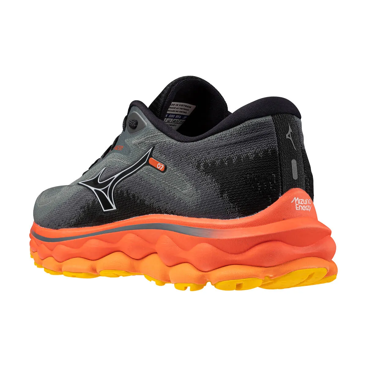 Sure, a more grammatically correct and informative title for this product would be: Mens Mizuno Wave Sky 7 in Turbulence, Nickel, and Hot Coral Colors.