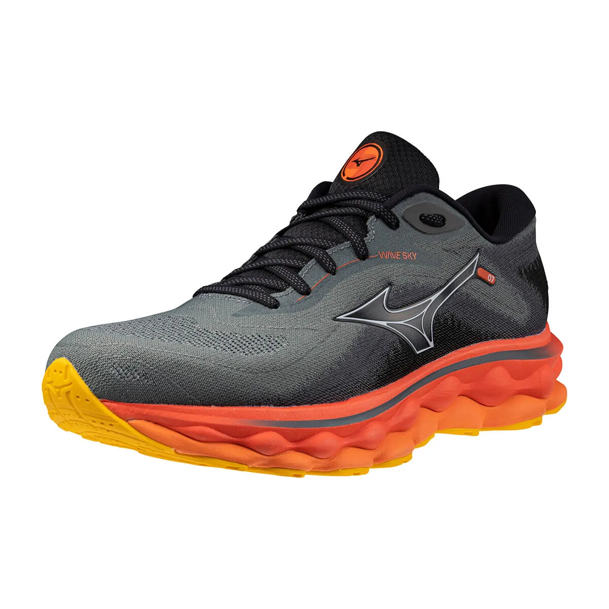 Sure, a more grammatically correct and informative title for this product would be: Mens Mizuno Wave Sky 7 in Turbulence, Nickel, and Hot Coral Colors.