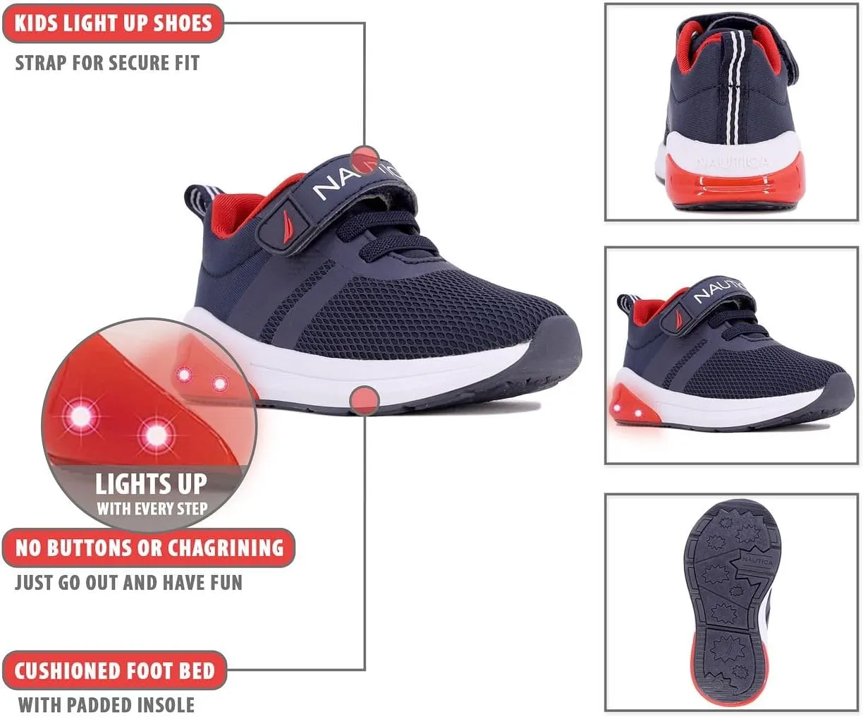 Nautica Kids' Light-Up Flashing Sneaker Athletic Running Shoes with Strap | Fashionable and Fun for Boys and Girls | Available in Toddler and Little Kid Sizes