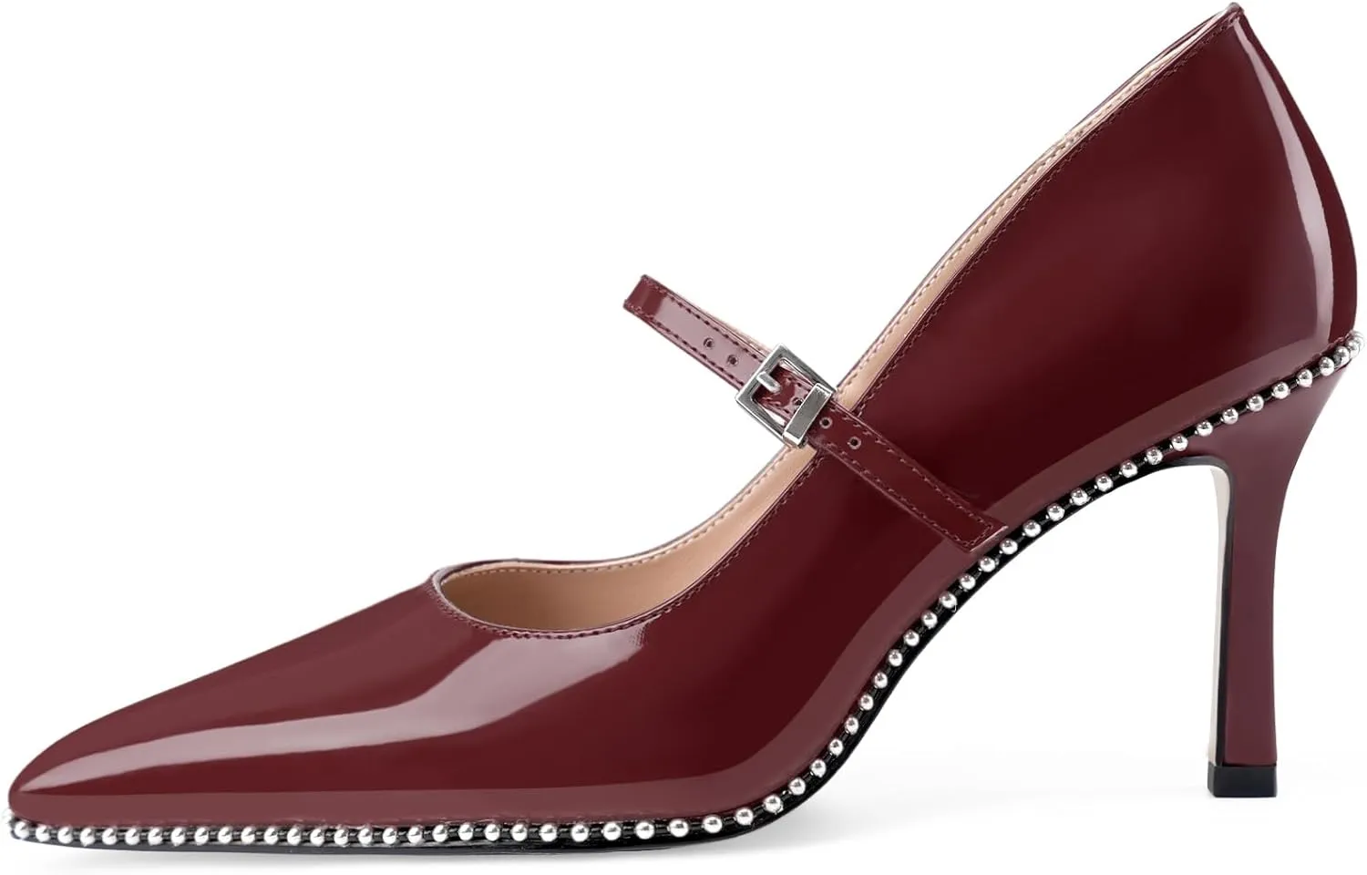 Oh Mispares Women's High Heel Beaded Pumps Stiletto High Heels Pointed Toe Mary Jane Pumps Slip On Sexy Heeled Dress Shoes with Buckle Strap Patent Leather 3.5 Inch
