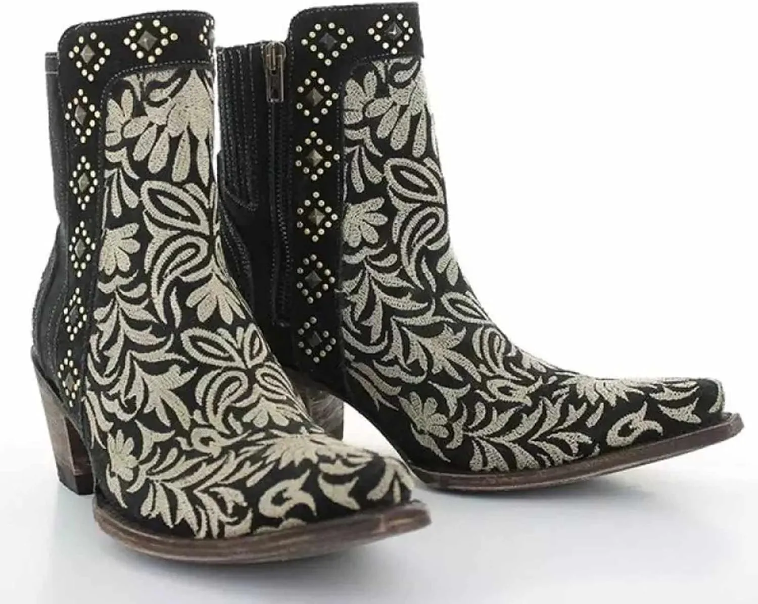 OMEARK Women's Cowboy Ankle Boots, Vintage Square Toe Block Mid Heel Western Booties, Winter Warm Lining Distressed Embroidered Short Booties
