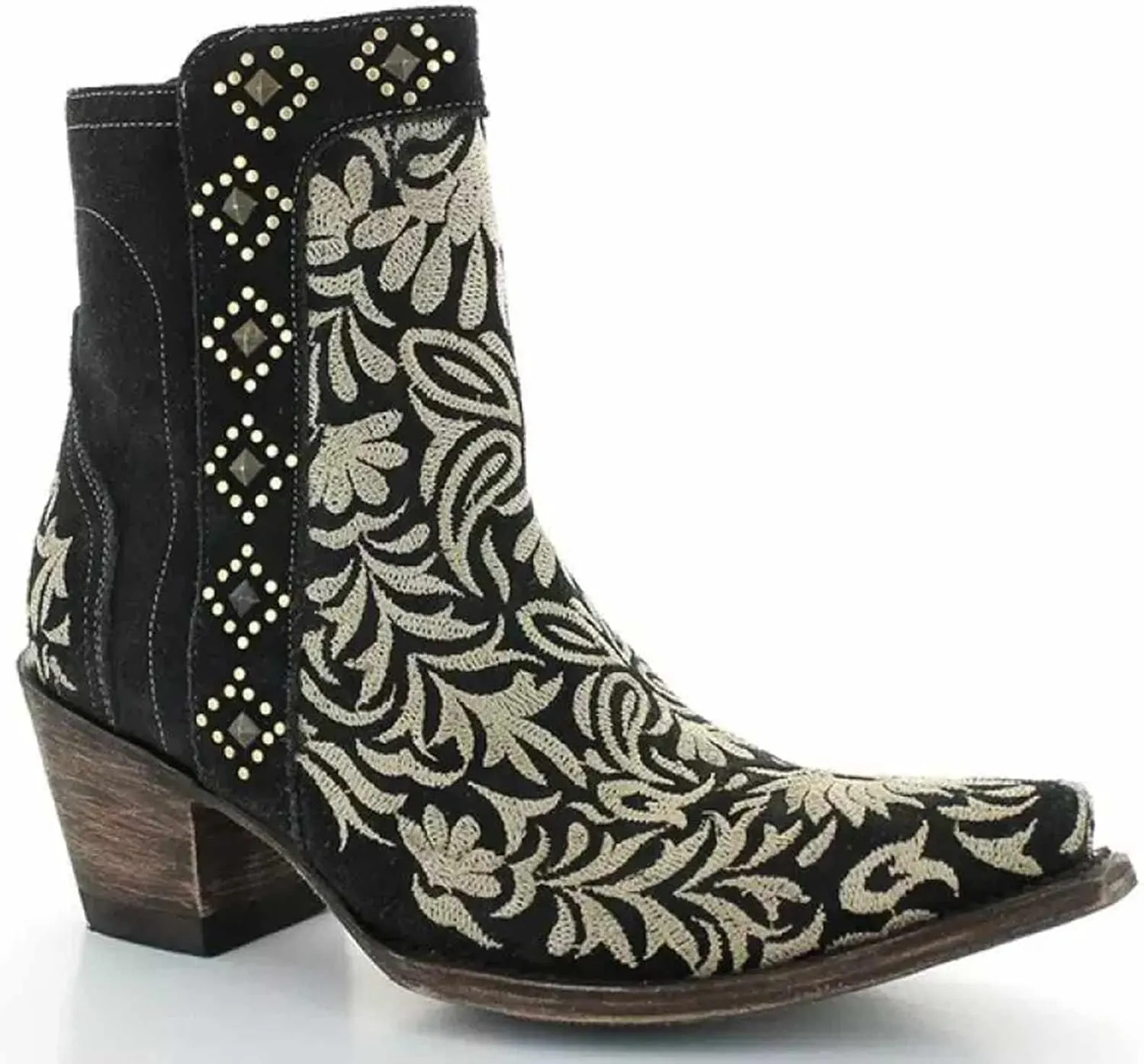 OMEARK Women's Cowboy Ankle Boots, Vintage Square Toe Block Mid Heel Western Booties, Winter Warm Lining Distressed Embroidered Short Booties