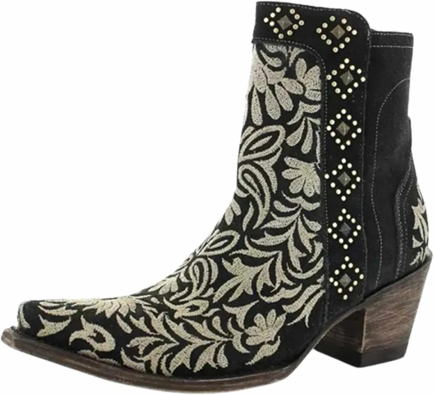 OMEARK Women's Cowboy Ankle Boots, Vintage Square Toe Block Mid Heel Western Booties, Winter Warm Lining Distressed Embroidered Short Booties