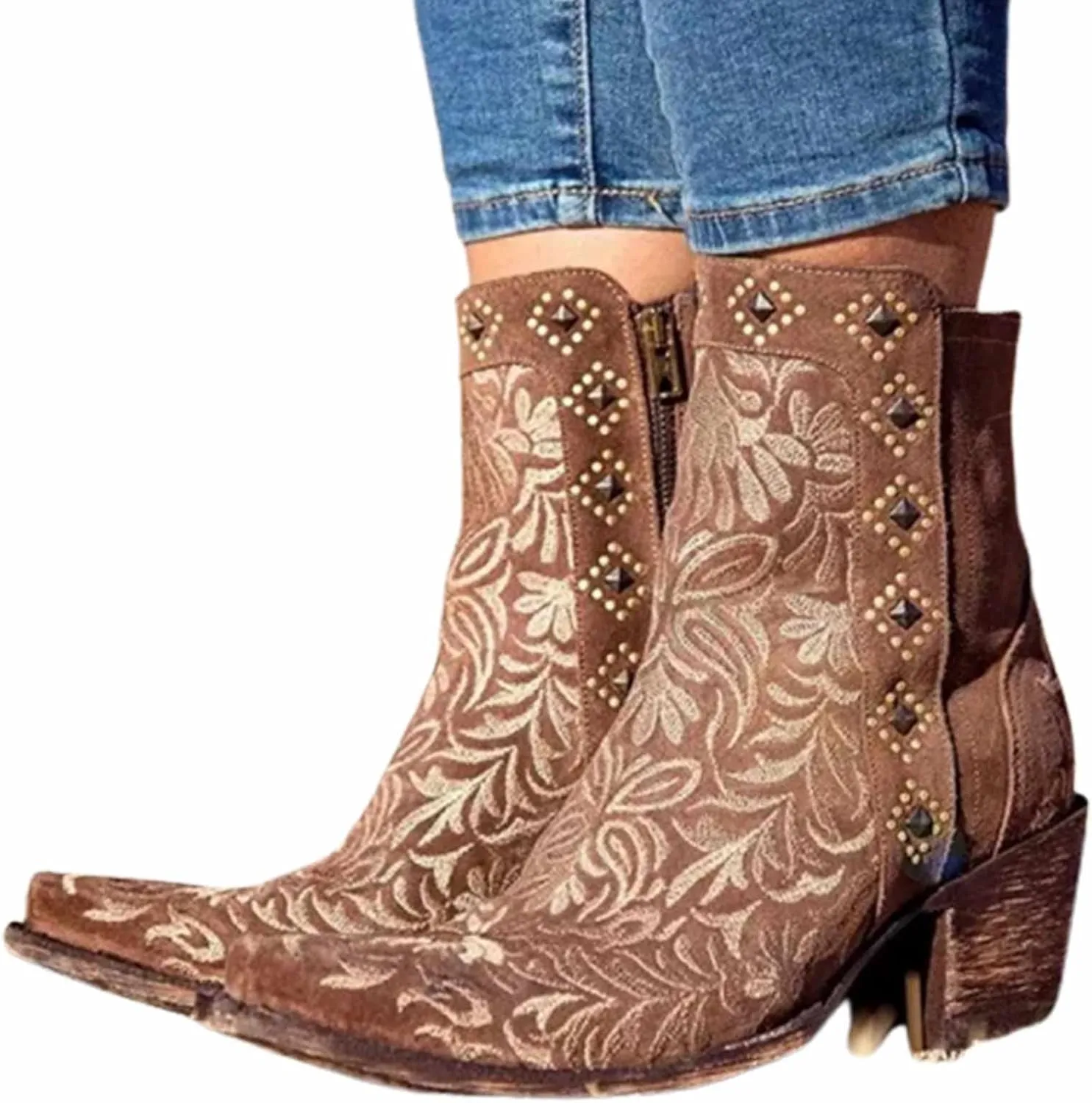OMEARK Women's Cowboy Ankle Boots, Vintage Square Toe Block Mid Heel Western Booties, Winter Warm Lining Distressed Embroidered Short Booties
