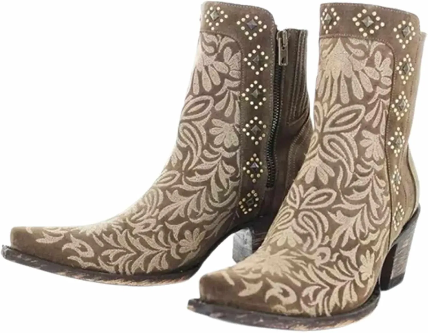 OMEARK Women's Cowboy Ankle Boots, Vintage Square Toe Block Mid Heel Western Booties, Winter Warm Lining Distressed Embroidered Short Booties